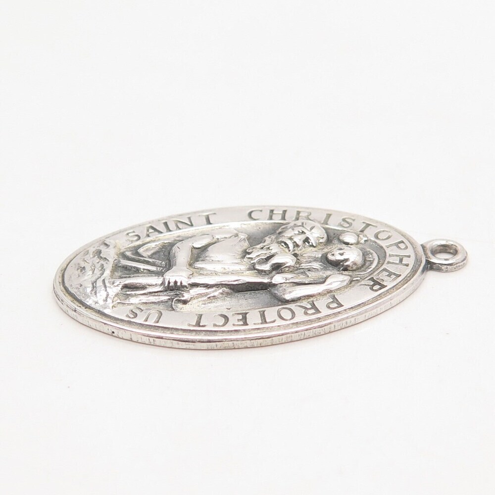 925 Sterling Silver Vintage St. Christopher Religious Oval Pendant - Picture 6 of 8